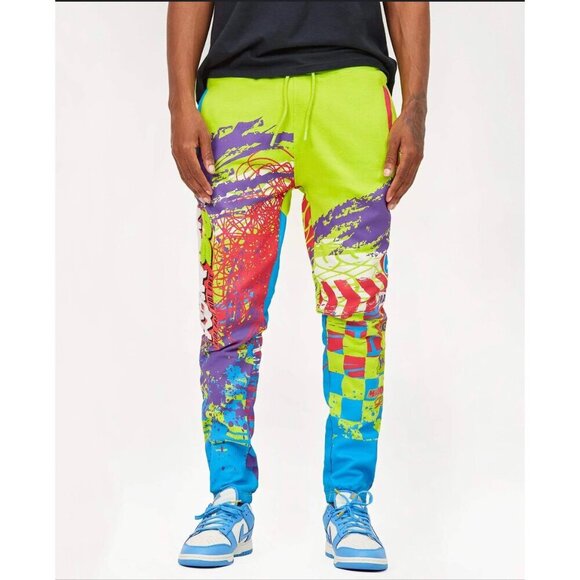 Maison Noir Moto club Men's Pants XL Fleece Joggers all over print Neon Yellow - Picture 10 of 12